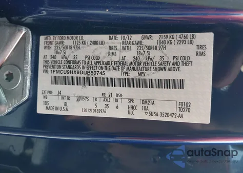 2013 Ford Escape Sel from USA, damaged, VIN 1FMCU9HX6DUB50745